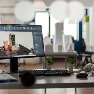 Closeup of modern architect desk with workstation showing 3d blueprints Ordenador Uso Avanzado